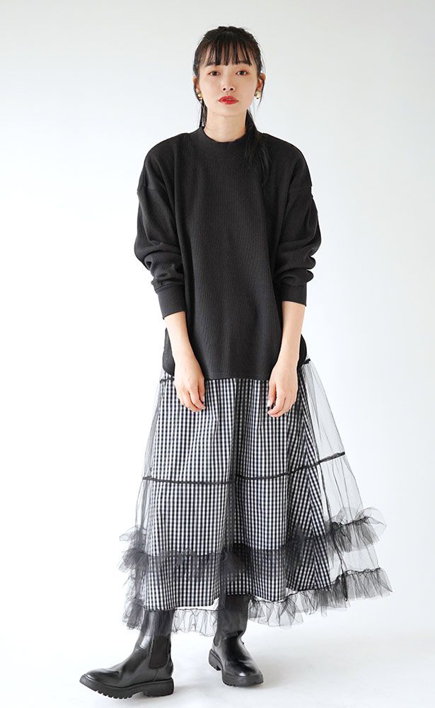 日本 zootie - 薄紗拼接格紋修身長裙-黑