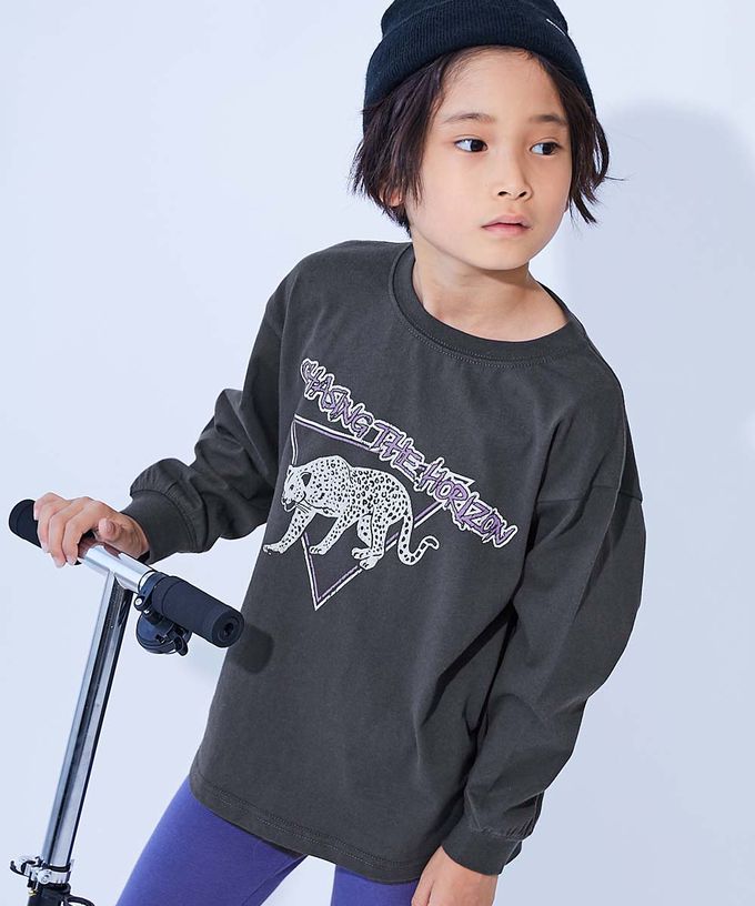 日本 devirock - 100%棉 定番印花寬版長袖上衣-花豹-黑