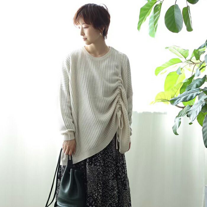 日本 ihuu - 側抽繩落肩船領針織上衣-米杏