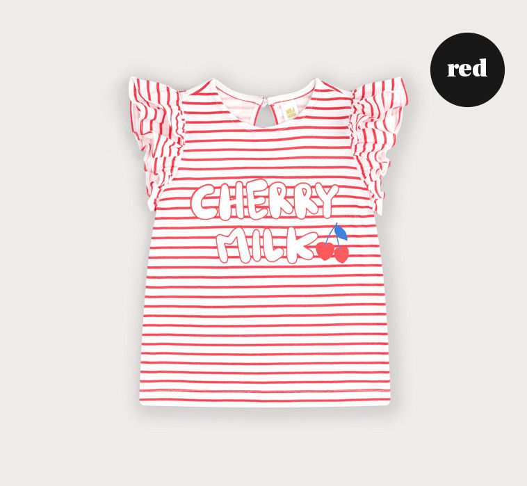 韓國 HEJMINI - 立體荷葉袖條紋櫻桃上衣-淺紫