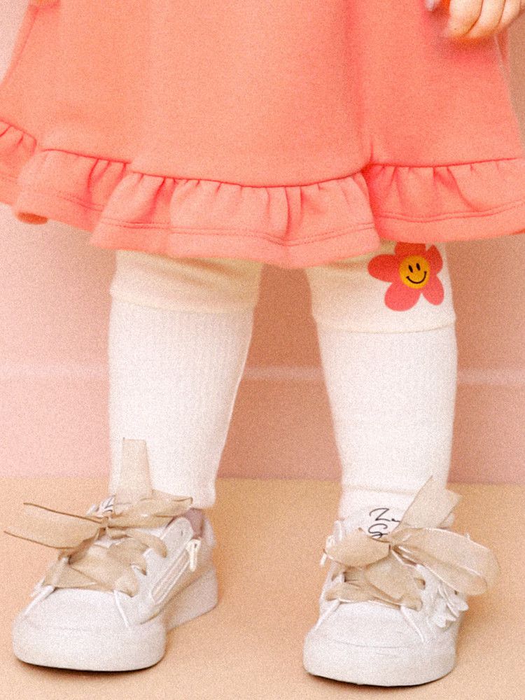 韓國 HEJMINI - (內刷毛)微笑花朵異材質拼接內搭褲-灰