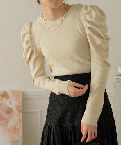 日本 Bou Jeloud - 高雅羊腿袖針織上衣-淺卡其