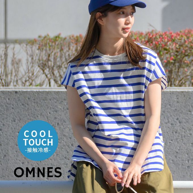 日本 OMNES - 接觸冷感 純棉不易皺法式袖上衣-細條紋-藍x白