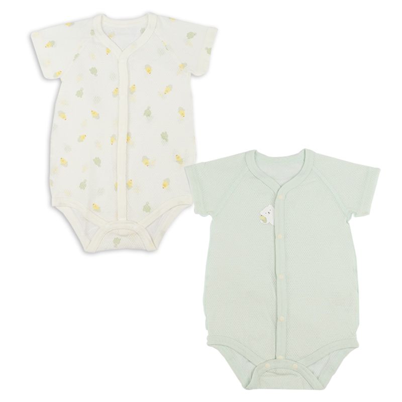 akachan honpo - 短袖前開式網眼包屁衣2件組-玉米-綠色