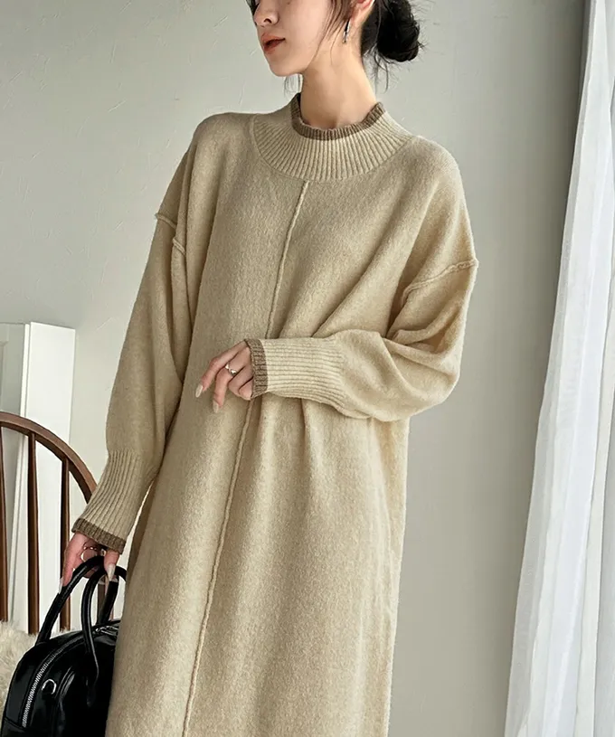 日本 Classical Elf - 溫暖滾邊小立領優雅針織長袖洋裝-黑