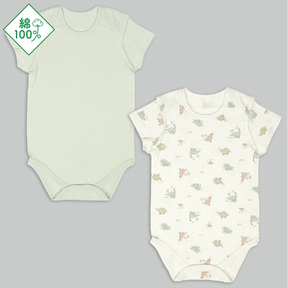 短袖包屁衣2件組-蓬鬆棉套頭式 恐龍-綠色