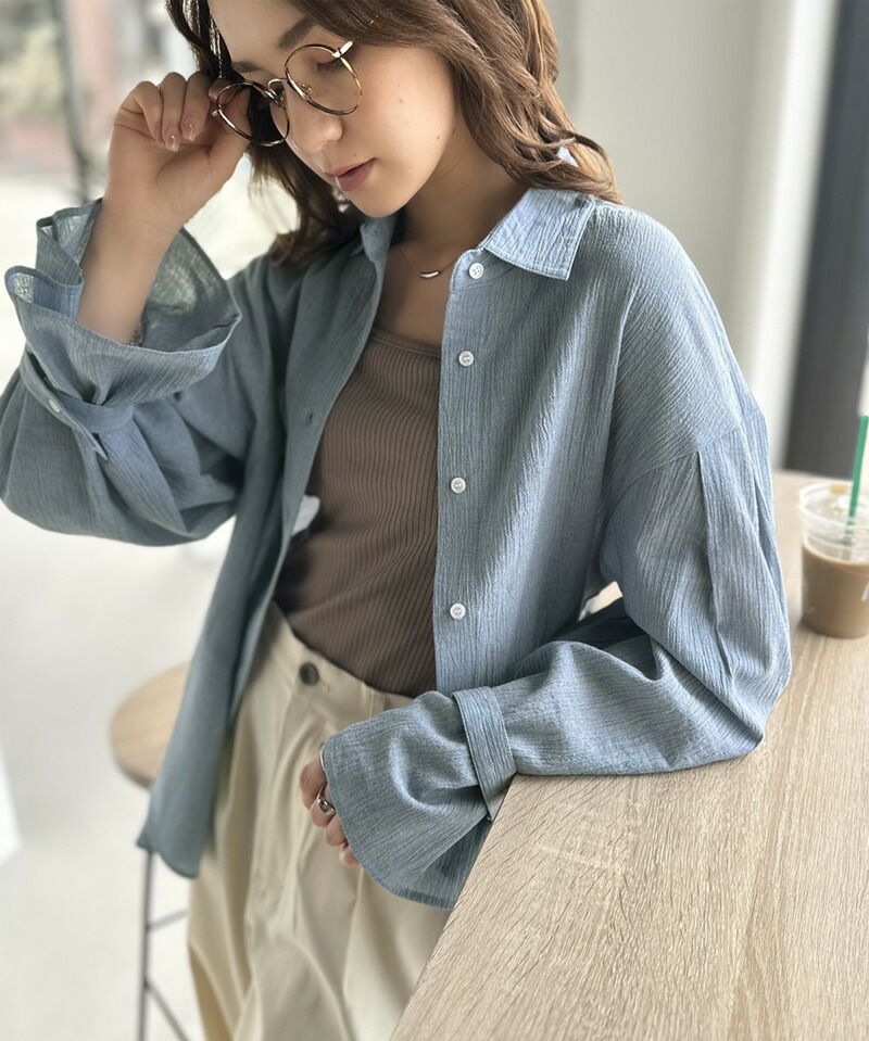 日本 Classical Elf - 氣質微透膚落肩寬袖襯衫-米白