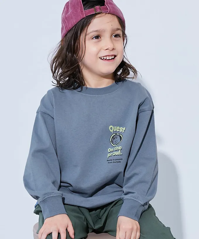 日本 devirock - 100%棉 定番印花寬版長袖上衣-漸變英文-炭黑