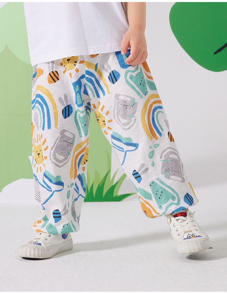 純棉束口長褲/防蚊褲-動物世界-白色