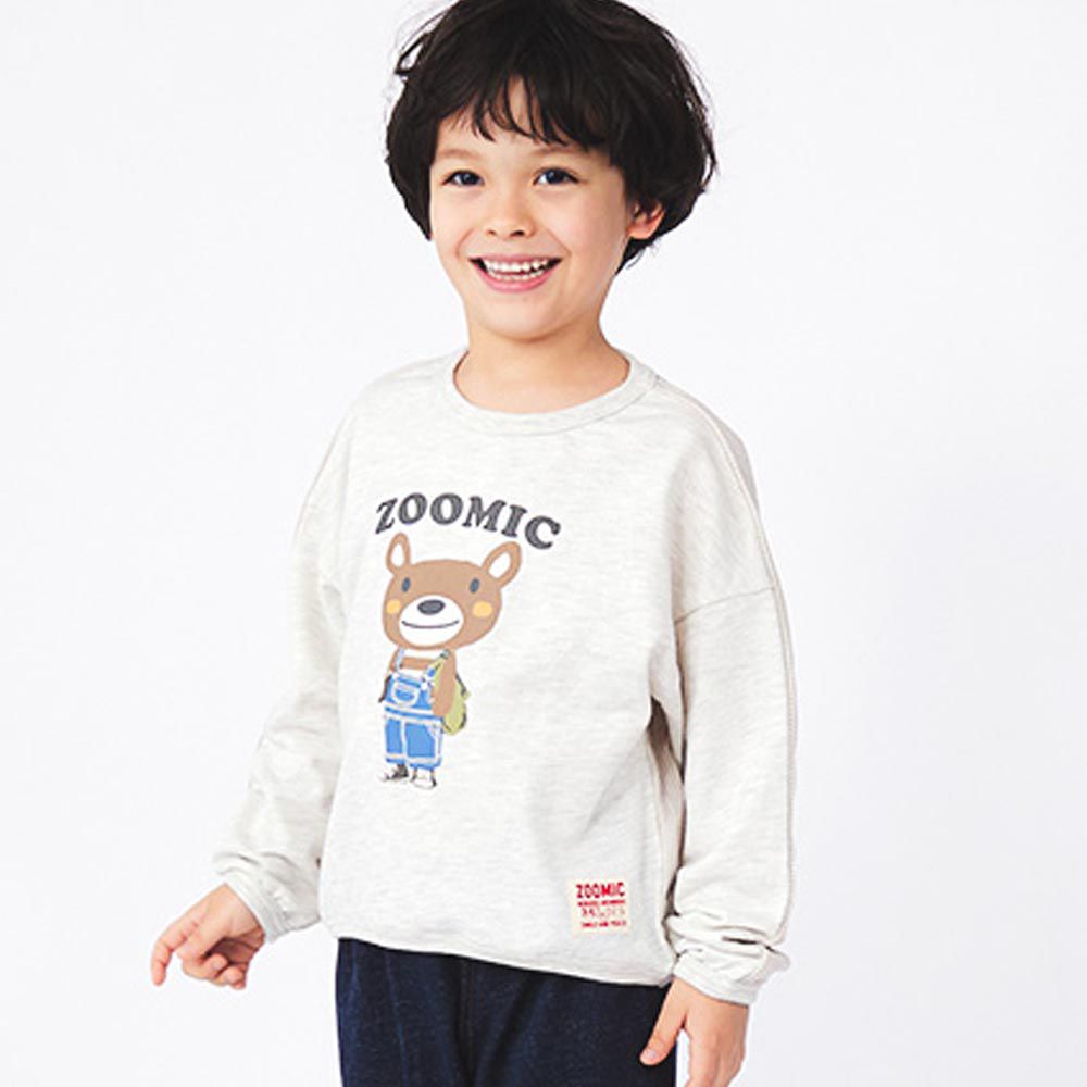 日本 ZOOLAND - 小熊上學前後異素材長袖上衣-燕麥