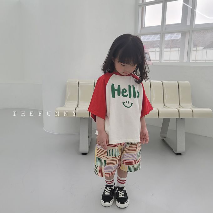 韓國 The Funny - Hello微笑印短袖上衣-米白X紅