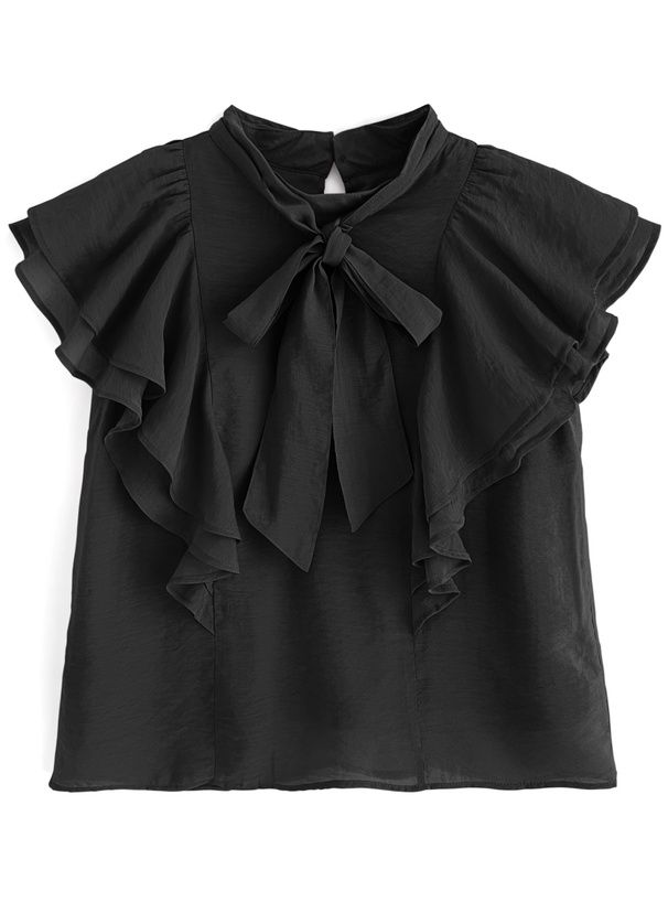 日本 GRL - 浪漫扭結波浪層次修身短袖上衣-經典黑