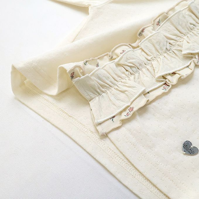 日本 ZOOLAND - 胸前層次摺邊圓領長袖上衣-緹花紋理-米白