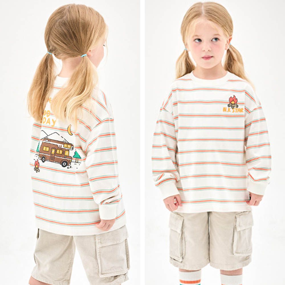 假日營火圖案條紋長袖上衣-米