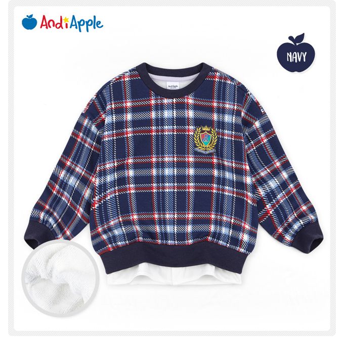 韓國 AndiApple - 學院風格紋假兩件內刷毛長袖套裝-深藍