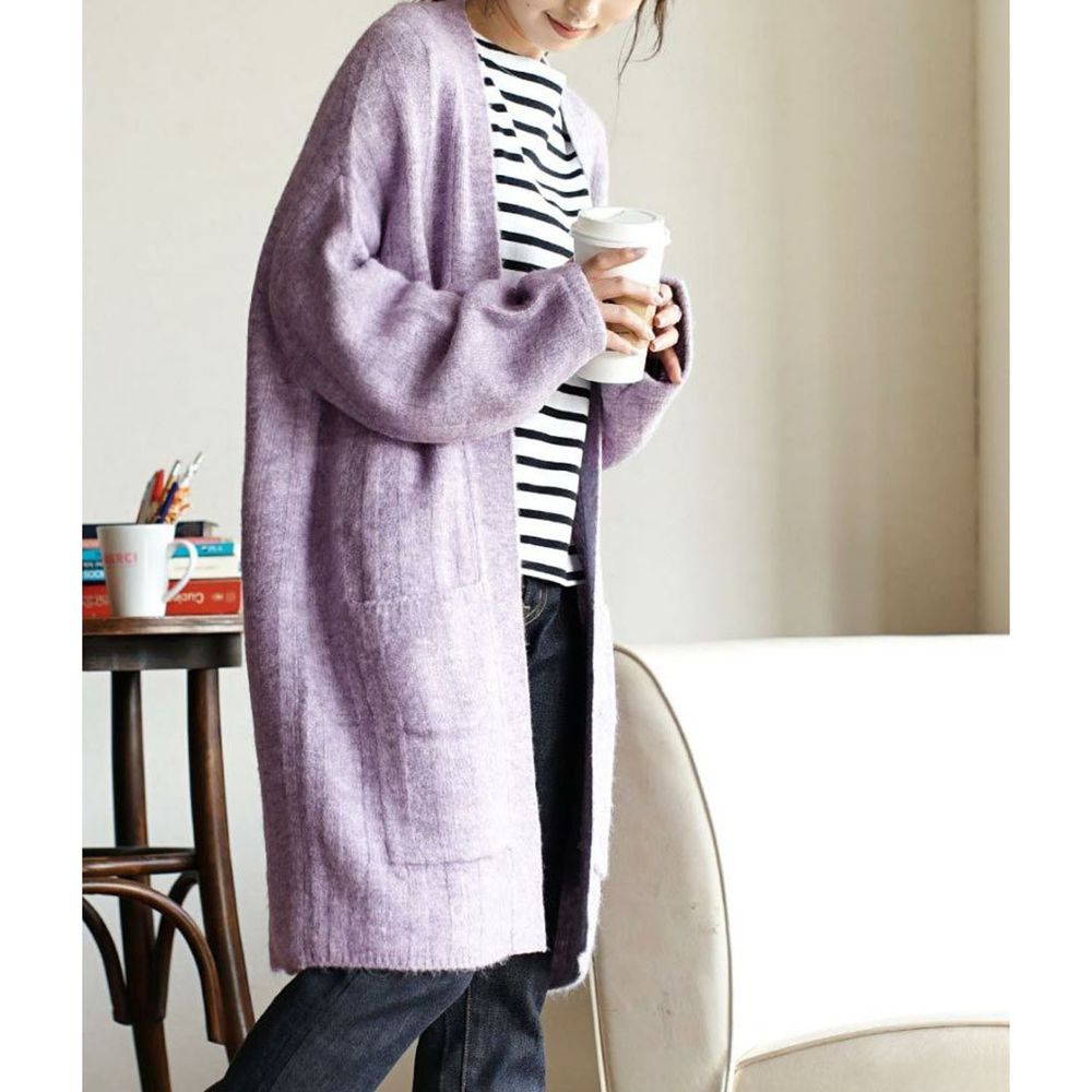 日本 zootie - 柔軟針織開襟雙口袋長版外套-淺紫