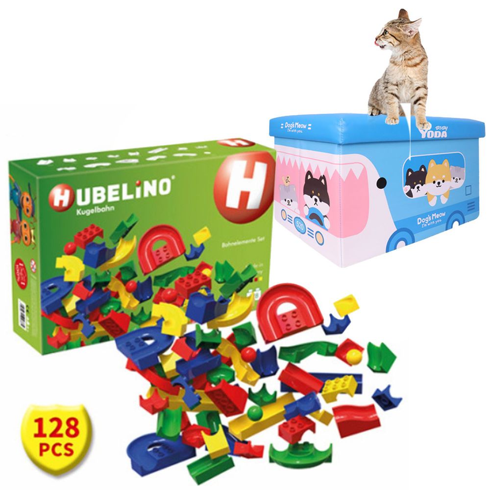 德國 HUBELiNO - 【超值進階收納組】軌道式積木零件組-128PCS+YoDa琦菲家族收納箱(鯊魚公車)