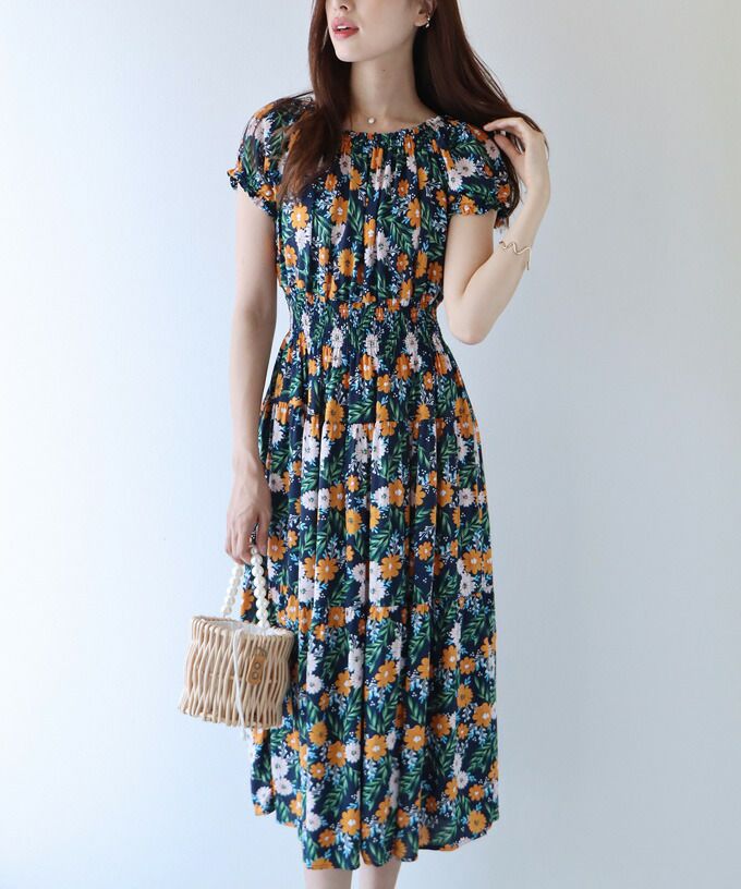 日本 BLUE EAST - 絕美平口縮腰泡泡袖洋裝-碎花-藍