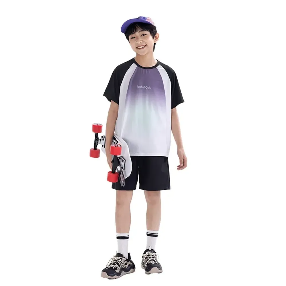 10000+透氣孔吸濕排汗短袖上衣+短褲套裝-撞色拼袖-漸層黑