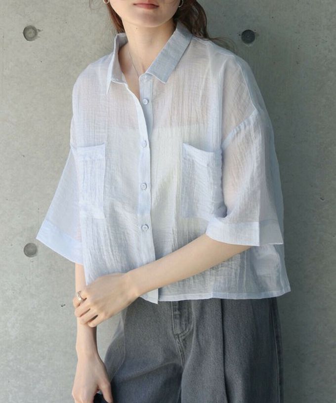 日本 Bab - 透膚感清爽短版五分袖襯衫-水藍 (M)