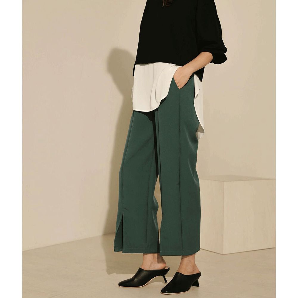 日本 Bou Jeloud - 前褲管開衩設計西裝寬褲-深綠