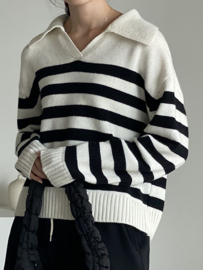 韓國女裝連線 - 精選美麗諾羊毛翻領上衣-米白底X黑條紋 (FREE)