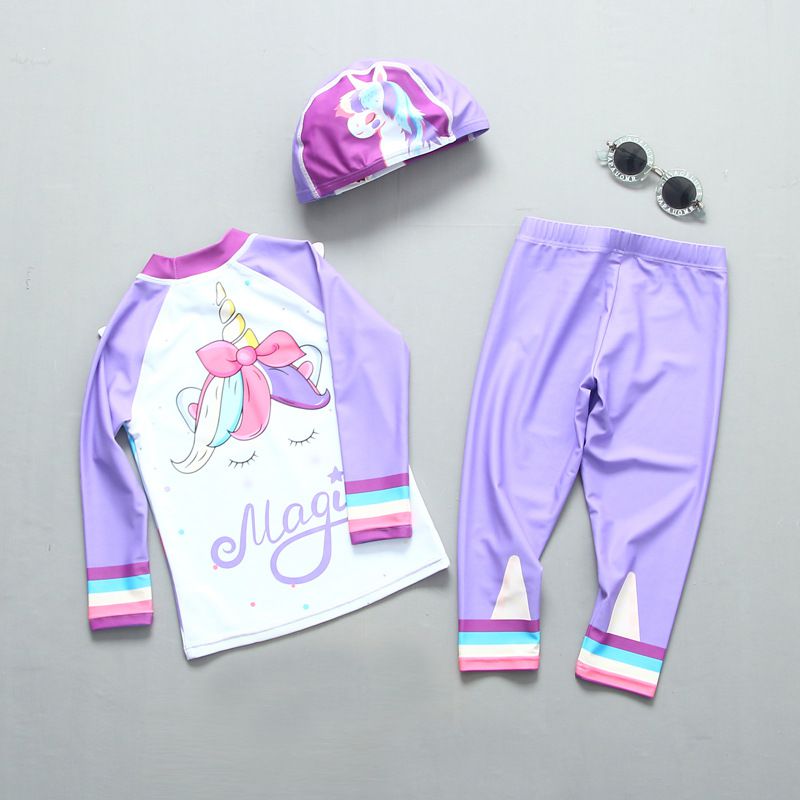 女寶防曬長袖泳裝套裝(附帽子)-夢幻獨角獸-紫色