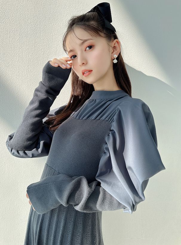 日本 GRL - 燭光晚餐優雅羊腿袖洋裝-深海藍