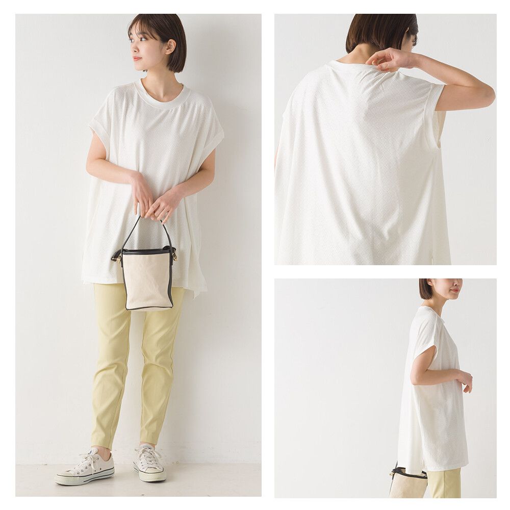 日本 OMNES - 低調蕾絲落肩長版短袖上衣-淺粉紫