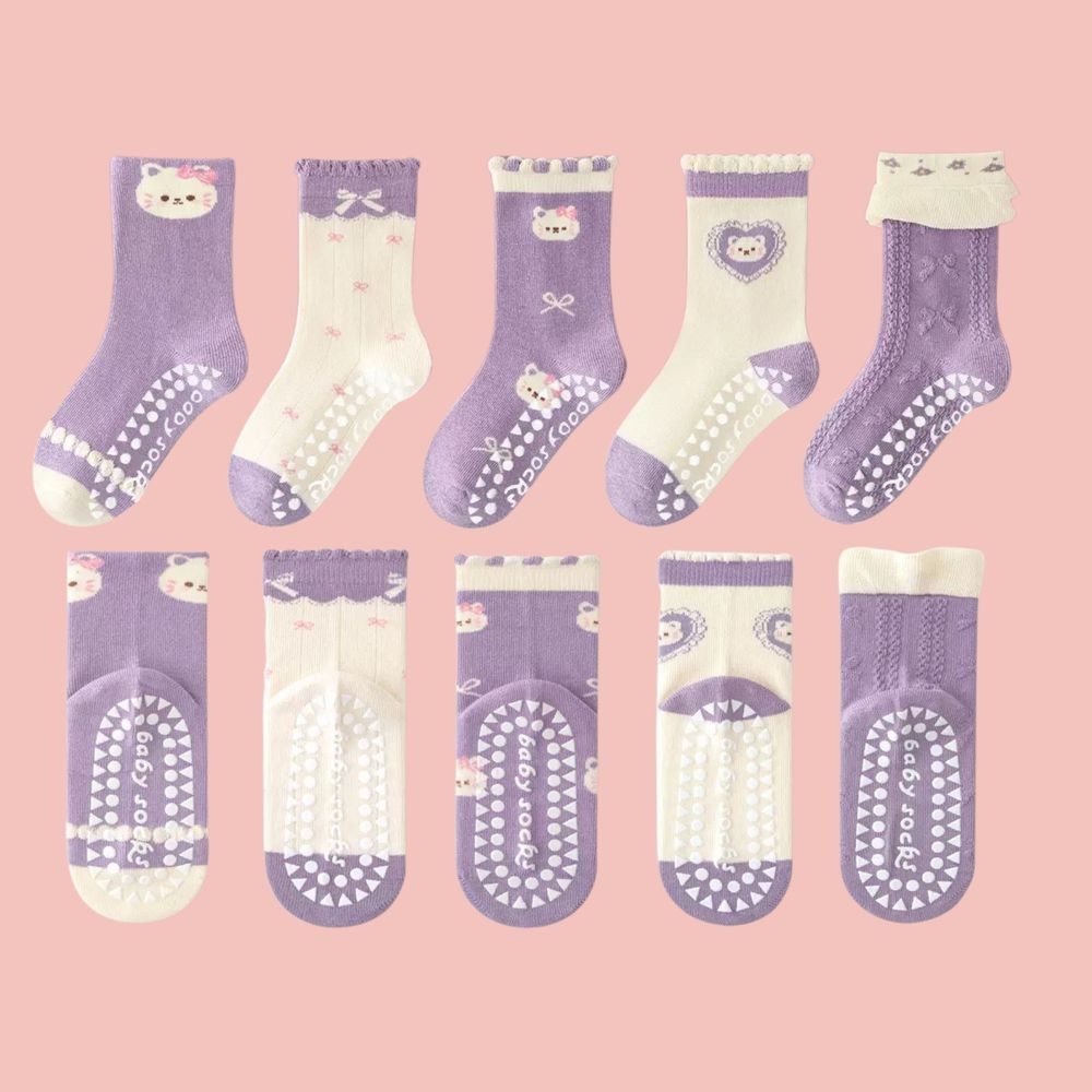 萌萌小花貓防滑點膠中筒棉襪-5 雙一組