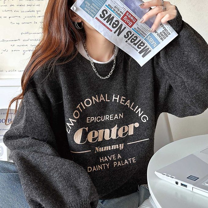 日本 Classical Elf - 前後2way 搶眼標誌印花針織上衣-煙燻藍