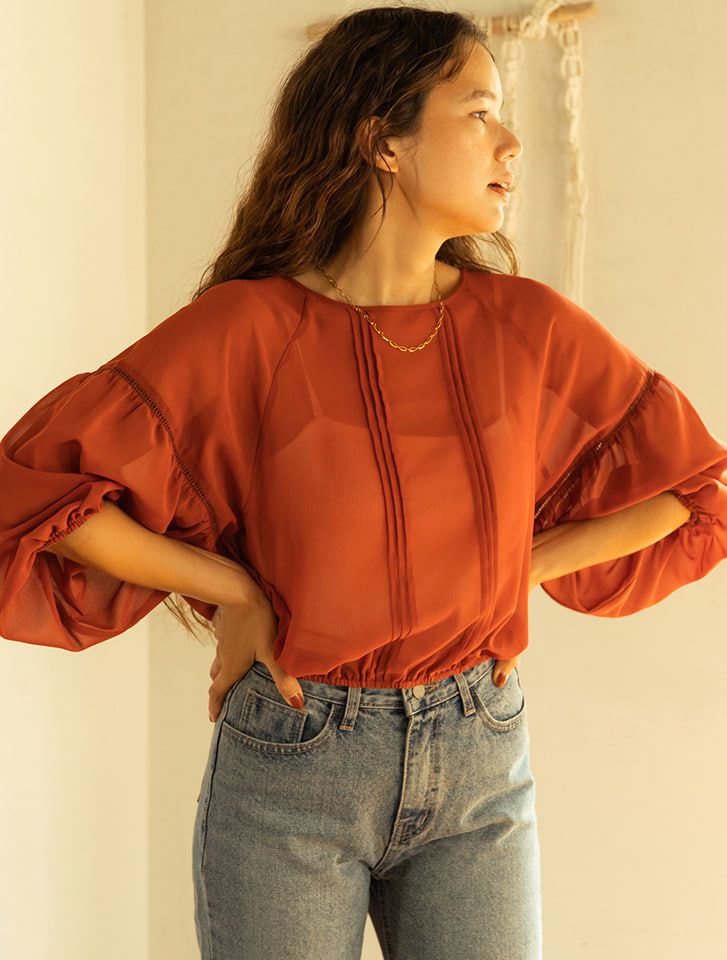 日本 fifth - 立體線條透膚薄紗澎澎七分袖上衣-白