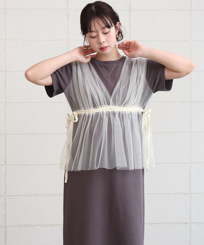 日本 Bab - 層次設計感薄紗拼接短袖洋裝-炭灰