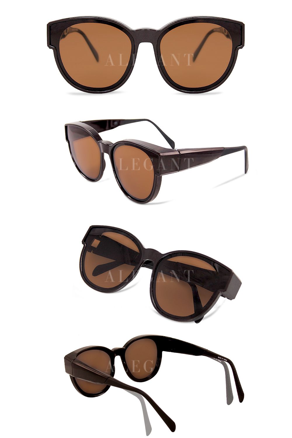 ALEGANT - 潮流桂棕圓框可彎折鏡腳全罩式偏光墨鏡│外掛式UV400太陽眼鏡包覆套鏡│車用太陽眼鏡