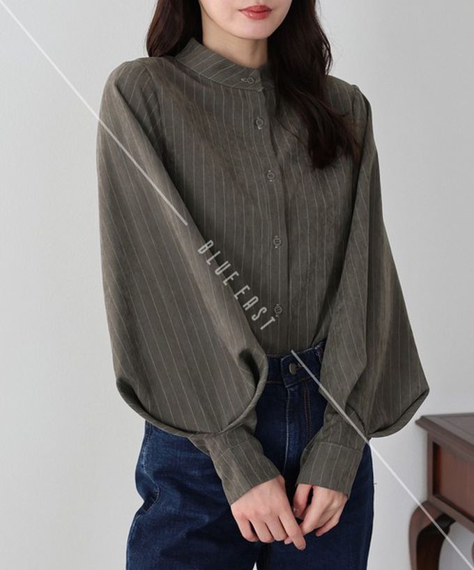 日本 BLUE EAST - 知性小立領澎澎氣球袖襯衫-水藍