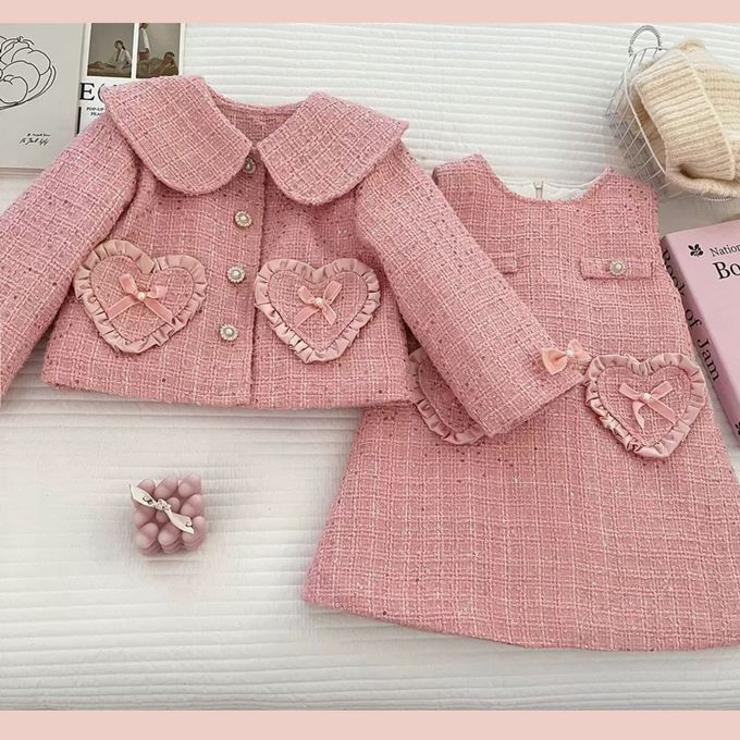 小香風愛心點綴粉色粗花呢外套&背心洋裝