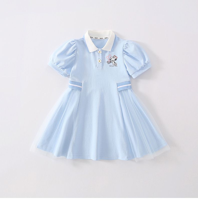 卡通SNOOPY翻領收腰網紗短袖連身裙-Belle愛心-藍色