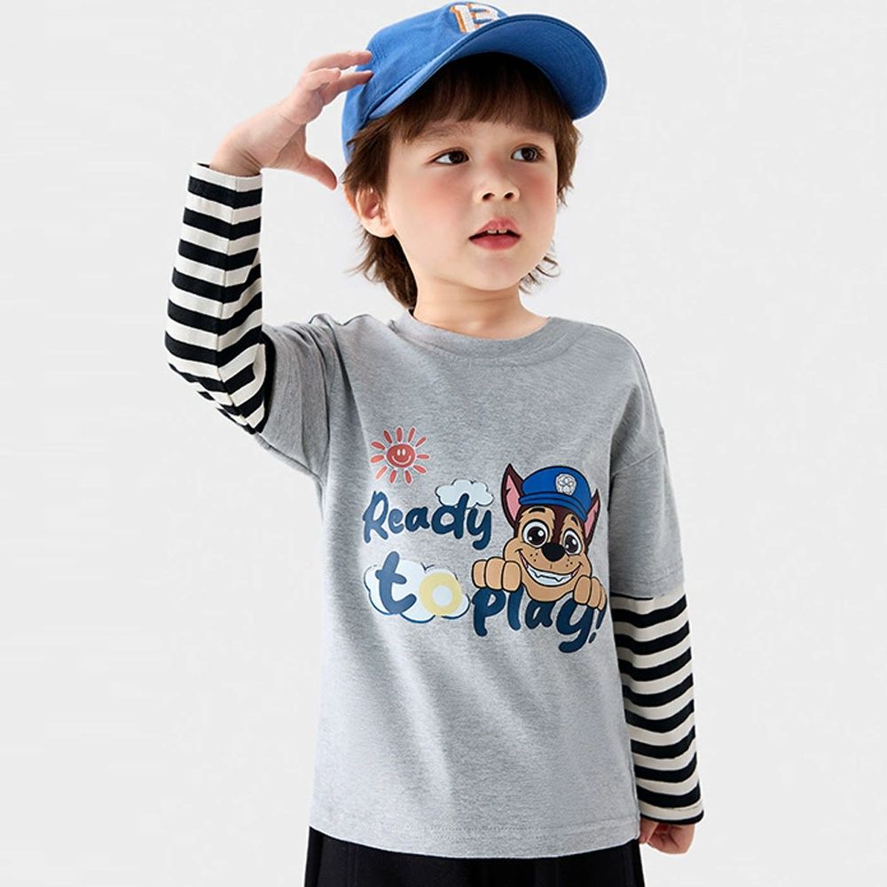 卡通汪汪隊假兩件長袖上衣-卡通人物阿奇-灰+黑白條紋