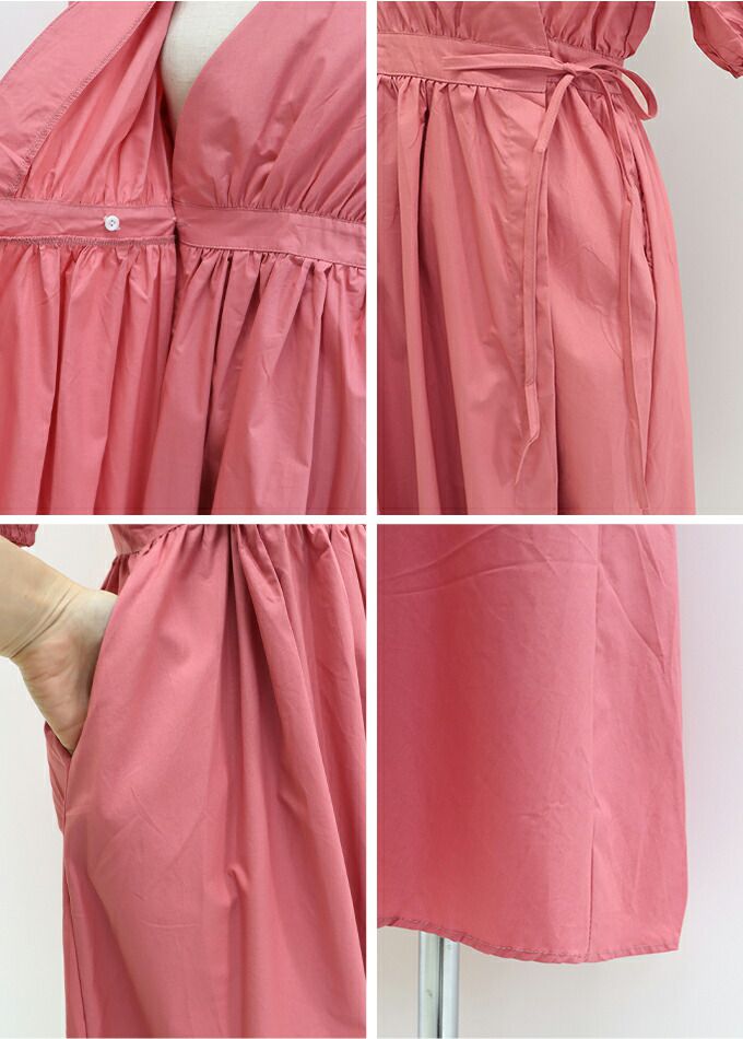 日本 BLUE EAST - 悠閒時光V領綁帶短袖洋裝-桃粉