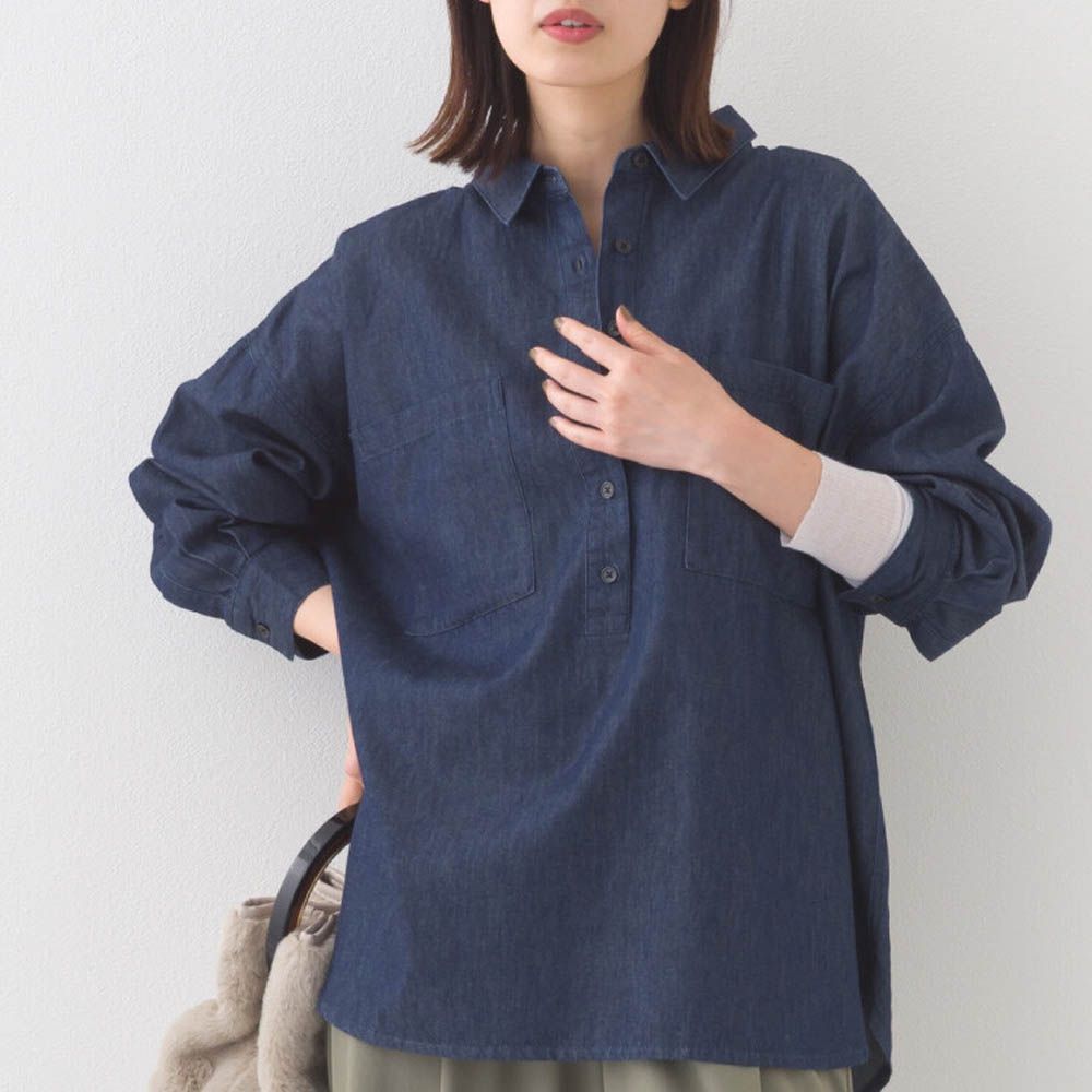 丹寧感透氣俐落排扣長袖上衣-深藍