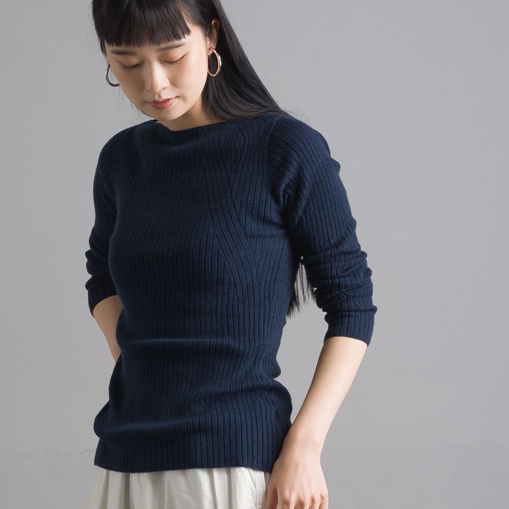 日本 OMNES - 顯瘦修身羅紋線條針織上衣-深藍 (Free size)