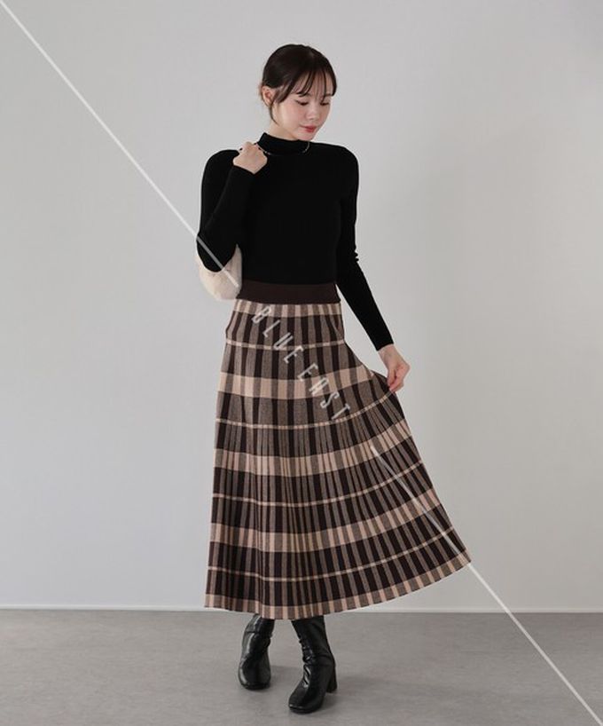 日本 BLUE EAST - 氣質女伶全腰鬆緊皺摺長裙-菱格-黑 (M)