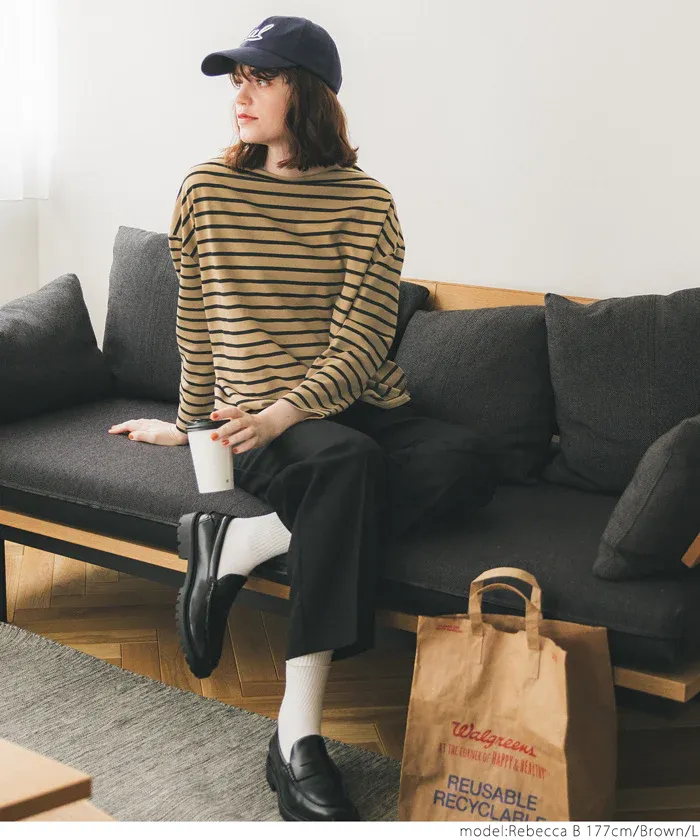 日本 COCA - [熱銷推薦] 百搭船領薄長袖上衣-條紋-灰x白