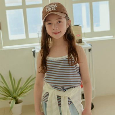 韓國 ERINJ - 蕾絲點綴條紋細肩帶背心-灰藍