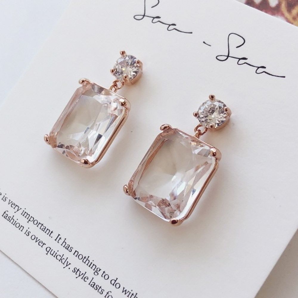 韓國製 - 耳環-切面方形玻璃水晶-玫瑰金