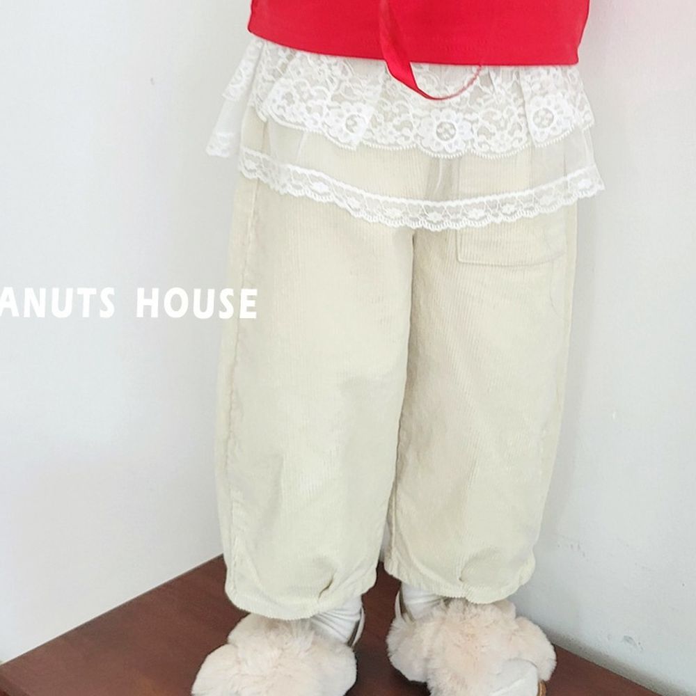 Peanuts House 鬆緊腰單口袋燈芯絨抓褶長褲-米