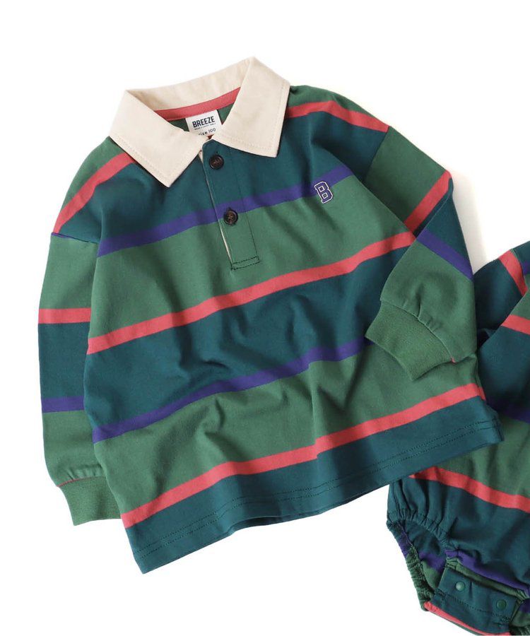 日本 BREEZE - 橄欖球風橫條長袖polo衫-紅卡其