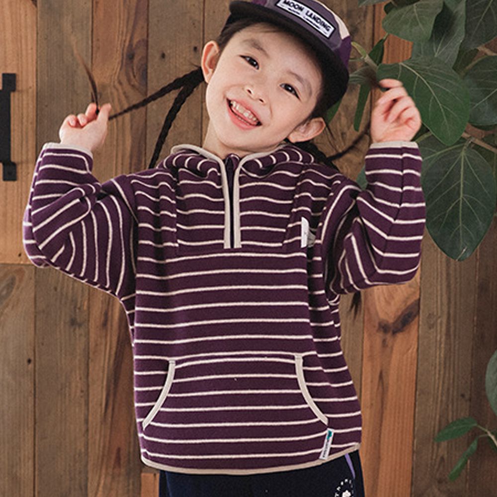 保暖加絨半開襟連帽長袖上衣-紫色條紋