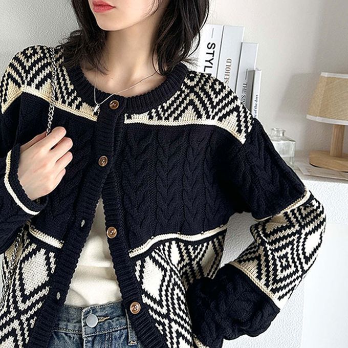 日本 Classical Elf - mily bilet 復古風北歐圖騰2way針織毛衣-藍