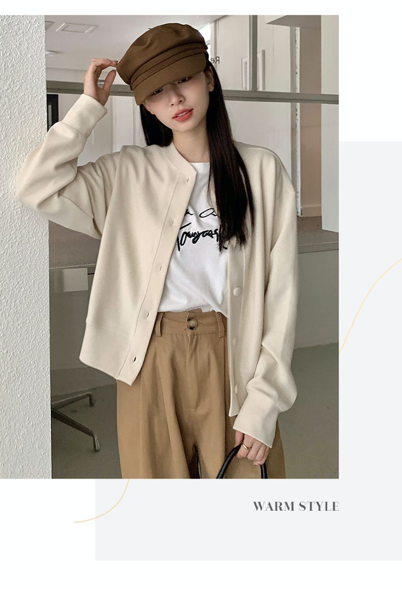 小香風圓領排釦開衫外套-灰色